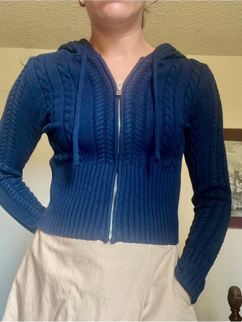 Arden B Navy Cable-Knit Hooded Zip Cardigan